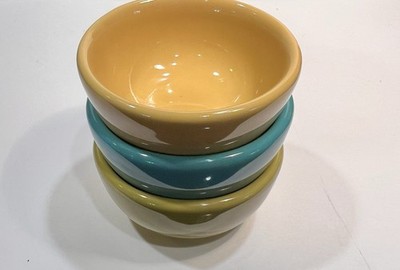 Fishs Eddy 2.5'' Small Mini Sauce Bowls Set of 3 Yellow & Olive Green,  Turquoise
