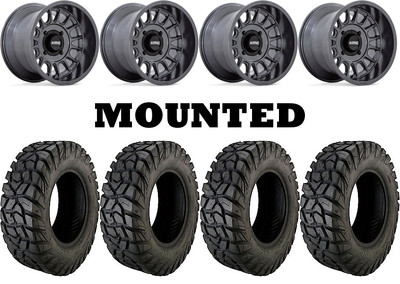 Kit 4 Moose Rigid Tires 28x10-15 on KMC KS138 Impact Gray Wheels CAN