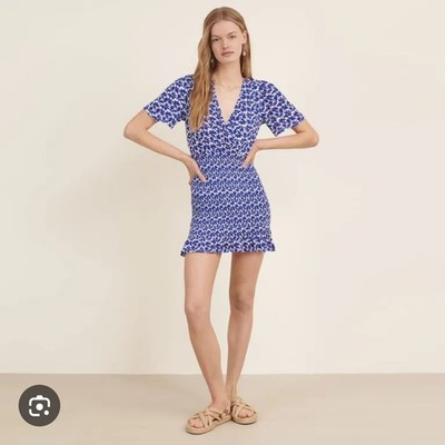 Brownie Blue Floral Mini Dress Smocked Waist V Neck Short Sleeve Summer XS XXS
