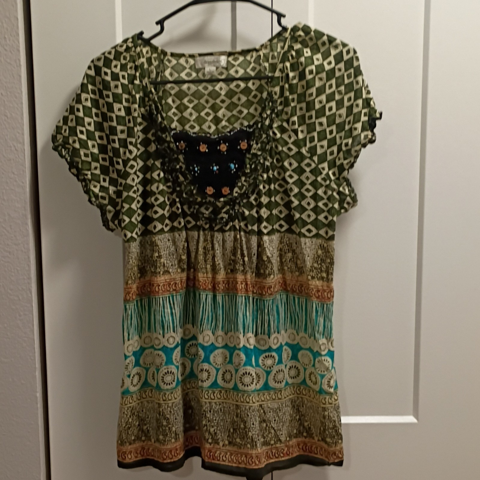 Dressbarn Women's Green/Teal/Beige Geometric Ruffle Tunic Blouse Size L