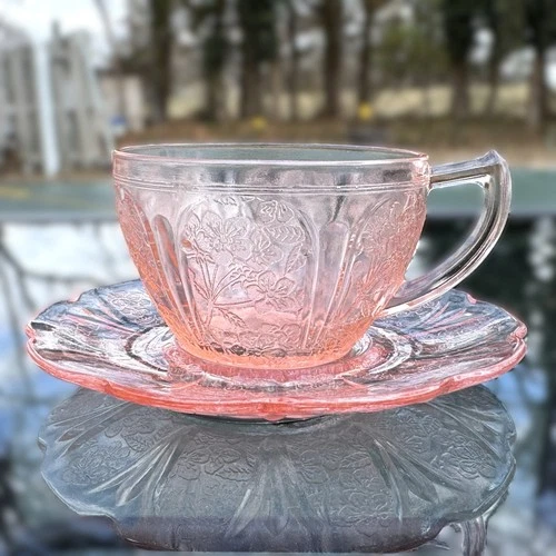 Jeannette Cherry Blossom Pink Tea Cup and Saucer Set Depression Glass