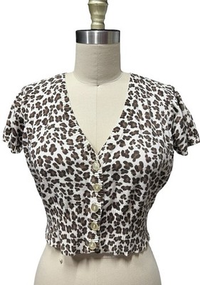 Vtg Leopard Print Mini Cropped Cardigan Sweater Y2K Cheetah Print XL
