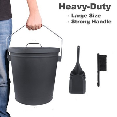 Metal Ash Bucket with Lid Shovel Broom for Fire Pit Wood Stove Indoor Outdoor