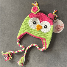 Daisy Baby Girls Owl Beanie Hat Lime Green Pink Braids Photography 2-8 years NWT