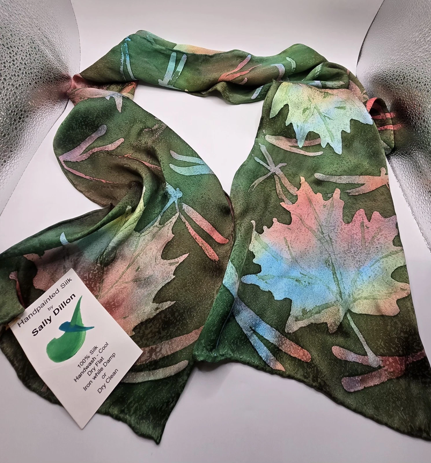 Sally Dillon 100% Silk Scarf Handpainted Maple Leaves Dragonflies Green
Opens in a new window or tab