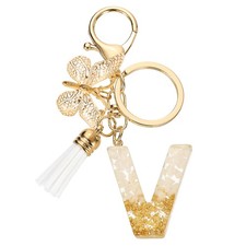 Initial Letter Keychains, Resin Cute Pendant with Butterfly  Tassel, White-V