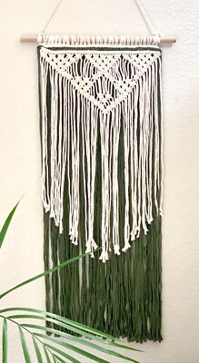 45''L Forest Green Beige Handcrafted Macramé Woven Cotton Tassel Wall Hanging New