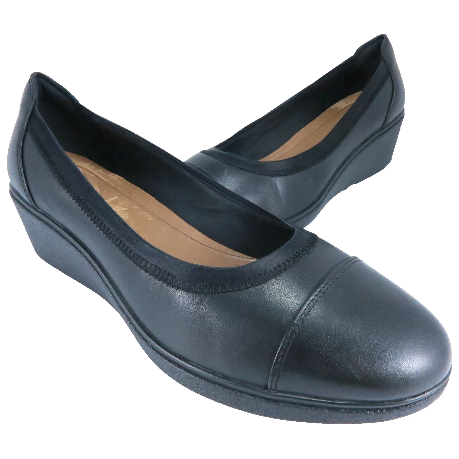 Mocassini donna Clarks zeppa destrutturata taglia 9M pelle nera punta a cappuccio tacco 2"