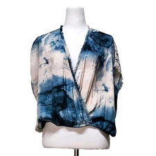 Grade & Gather Tie Dye Blue Gray Beige Relax Wrap Blouse Size Large