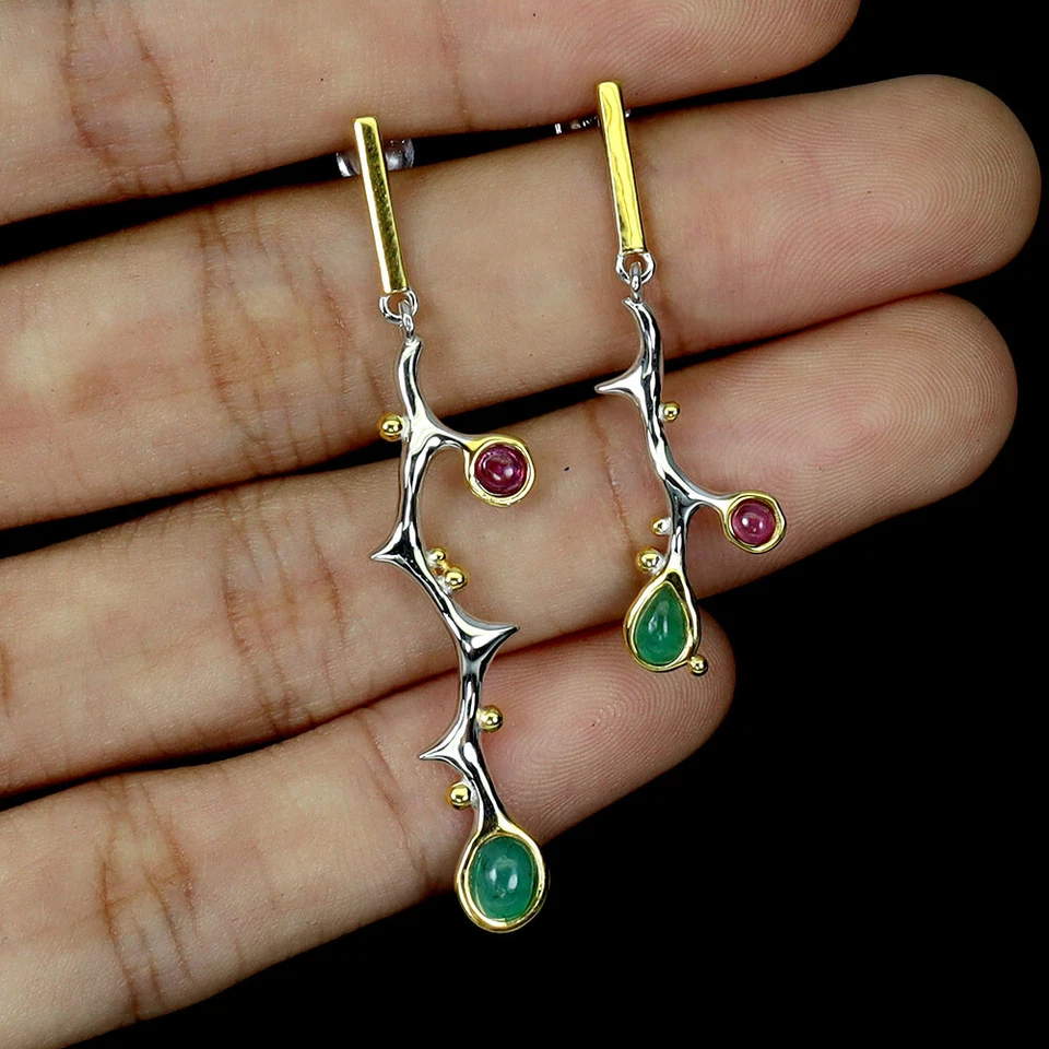 Pendientes de plata de ley 925 pera esmeralda 5x4 mm rubí piedras preciosas naturales joyería Foto 2 de 4