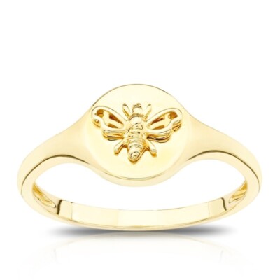 Siegelring 9 kt Gelbgold Rundkopf Bienendesign Pinky UK punziert Größen H-N