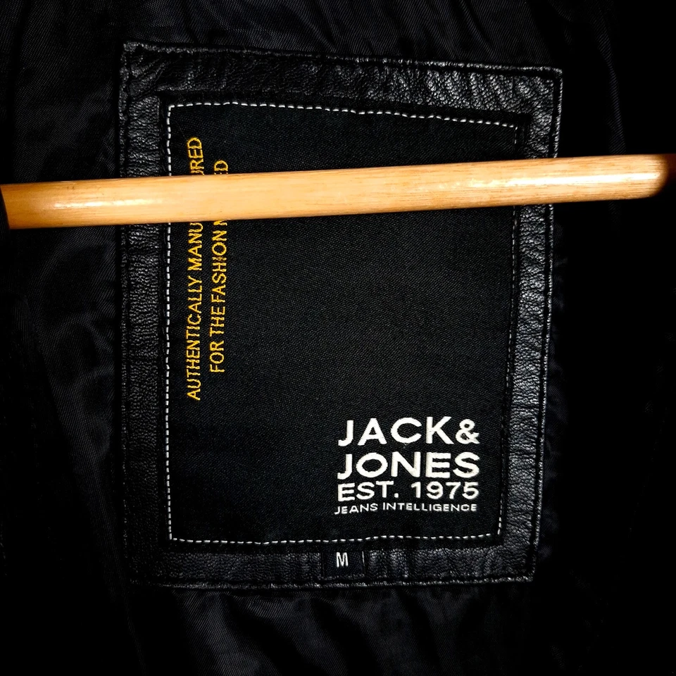 JACK & JONES Men's Bomber Leather Jacket Size M Black Full Zip Ribbed Hem - Image 4 of 4