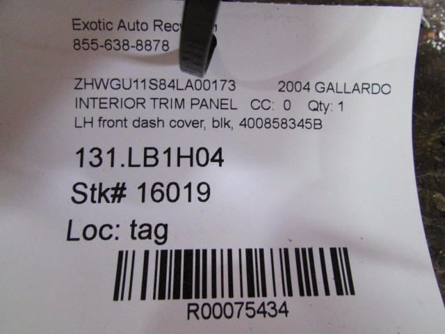 Lamborghini Gallardo, LH, Left Dash Trim Panel, Black, Used, P/N 400858345B