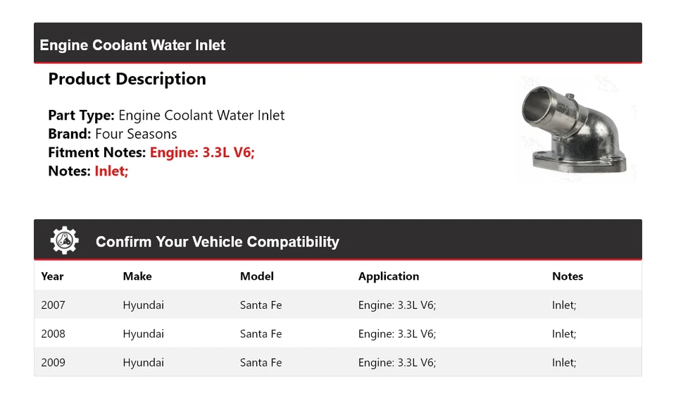 Entrada de agua refrigerante motor V6 3,3 L para Hyundai Santa Fe 2007-2009 4 estaciones 2008 Foto 2 de 4