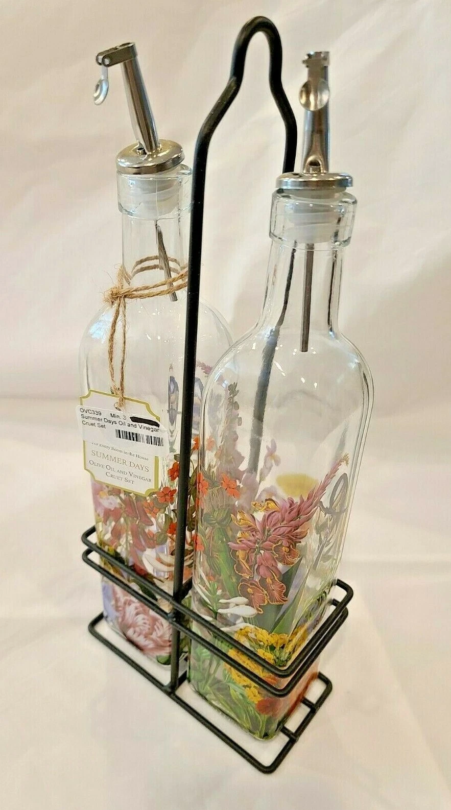 Michel Design Works Oil and Vinegar Cruet Set Glass with Metal Caddy Summer Days
