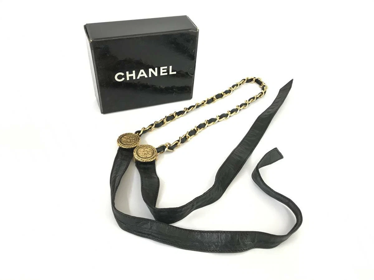 Auth CHANEL Black Ribbon Chain Leather Belt Coco Gold Logo Vintage