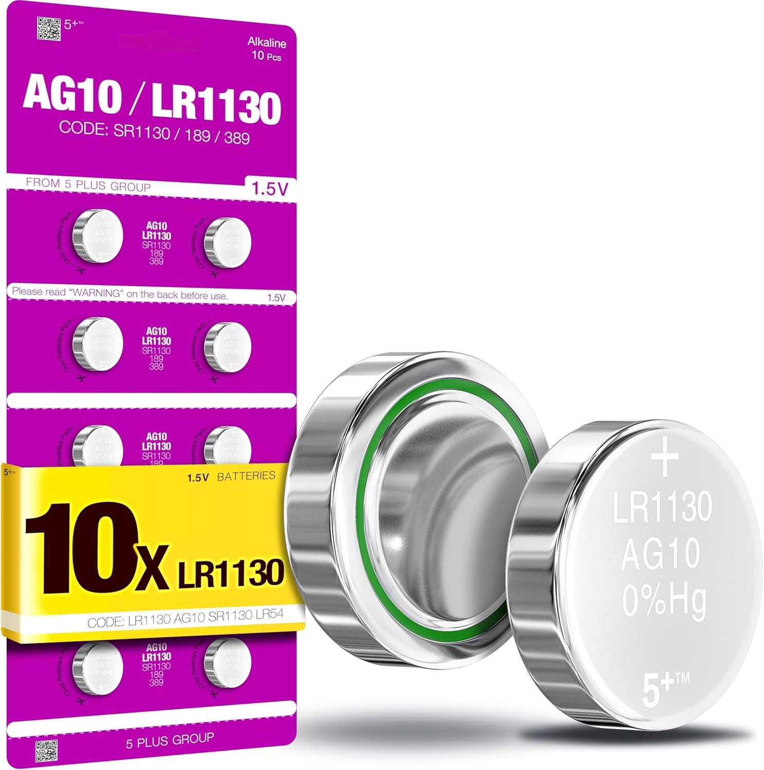 5Plus 10-Pack LR1130 AG10 SR1130 SR1131 389 390 LR54 189 387A 1.5V Button Cell