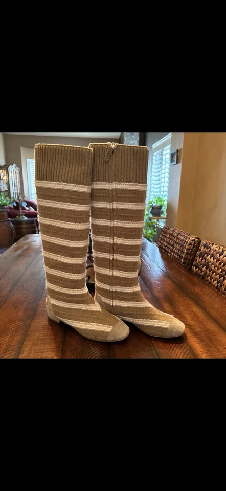 Authentic CHANEL Knit Tall Boots Beige/Cream Stripe Size 38 with Dust Bags - Image 2 of 4