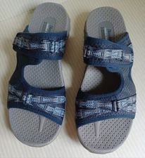 Womens Skechers Reggae Fizzle Adjustable Webbing Slide Sz 10 Navy Blue Abstract