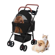 Pet Stroller Pram Dog Carrier Trailer 4 Wheels Foldable Dog with Storage Bask...