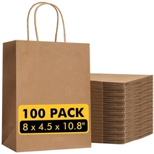Brown Kraft Paper Bags with Handles 100Pcs 8x4.5x10.8" Gift Shopping Bulk