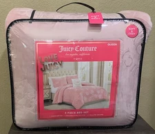Juicy Couture Pink Logos & Crowns Embossed Plush Soft 4piece QUEEN Comforter Set