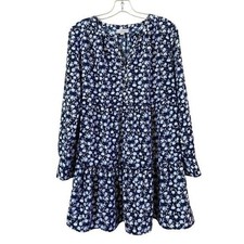 LOFT Outlet Navy Blue White Floral Tiered Long Sleeve Mini Dress XS