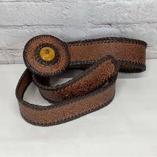 Chico's Belt Women's Size L Brown Embossed Leather Medallion Disc Buckle w/Stone