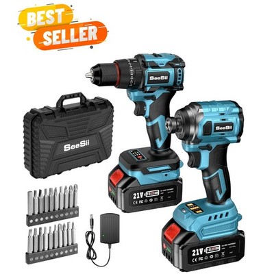 Lightweight 21V Max Cordless Drill & Impact Driver Set with Fast Charger & LEDs