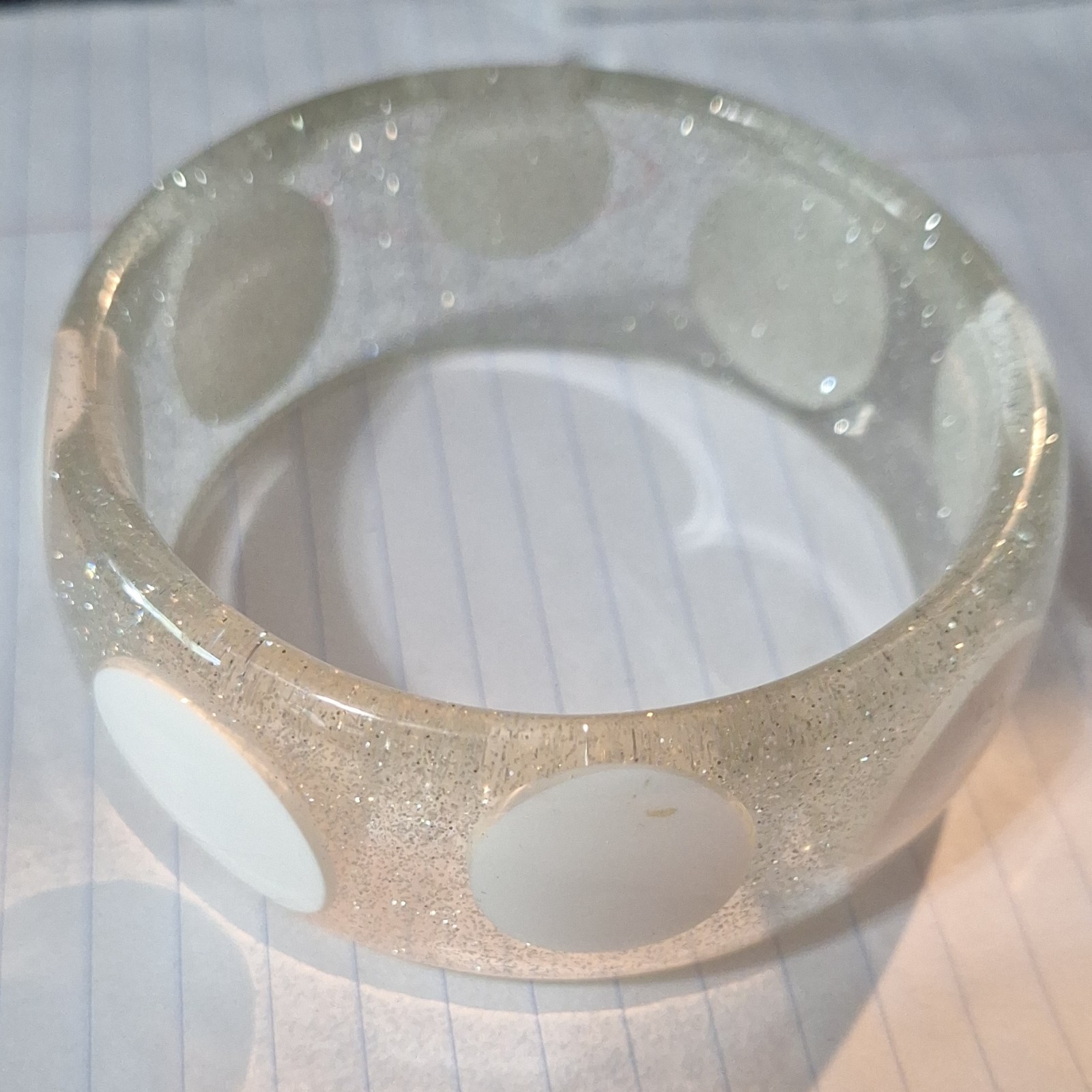 Clear Glitter Plastic Bangle Bracelet White Polka Dots Round