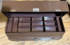 🇺🇸 Vintage Kennedy Kits 2-Tier Brown Metal Tackle Tool Box Latch Fishing Fish