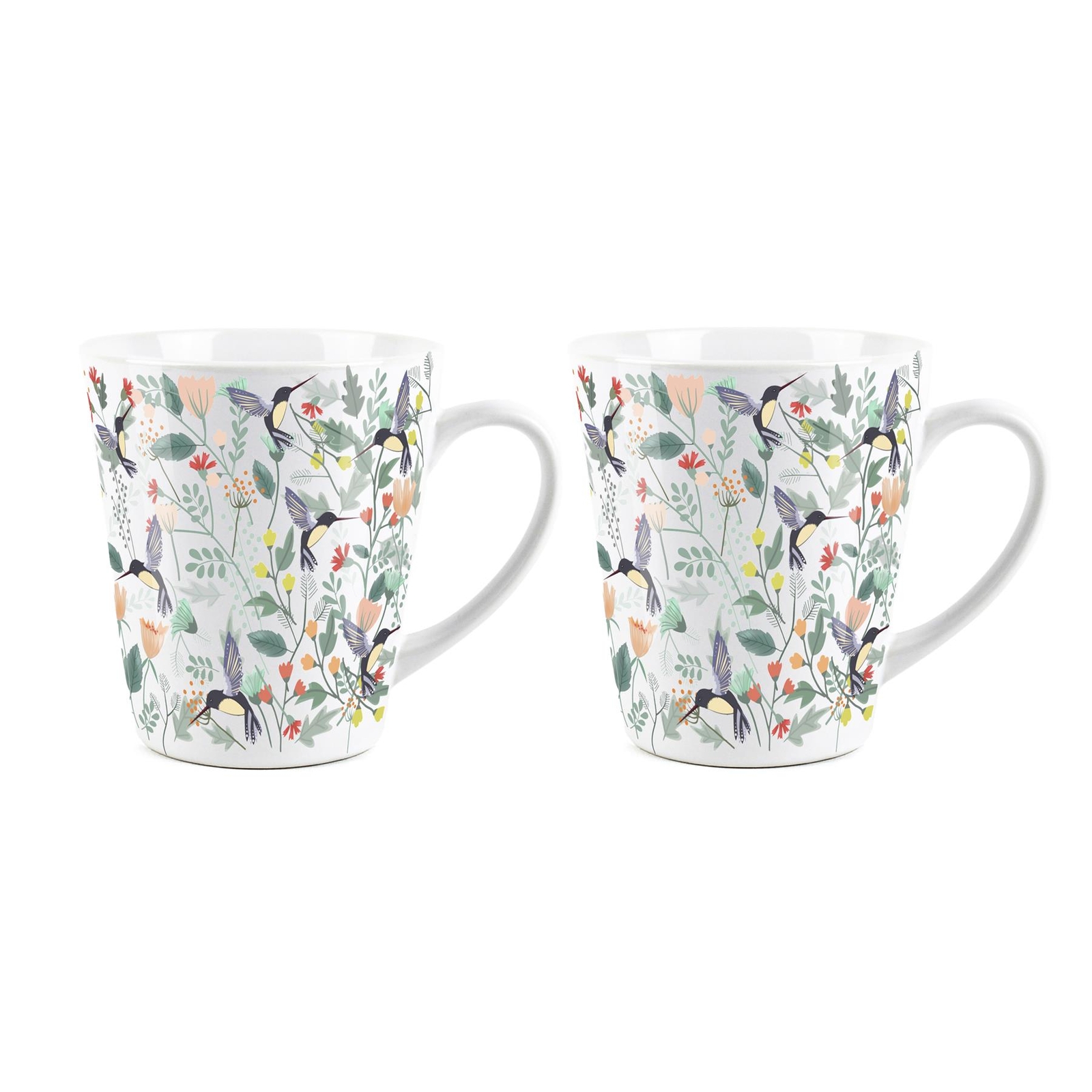 Tropical Hummingbirds Latte Mugs - Floral Bird Coffee Cup Gift - Set of 2
