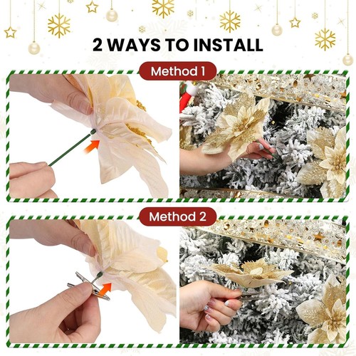 24 Pcs 6" 9" Gold Poinsettia Artificial Christmas Flowers with Clips & Sticks - Imagen 3 de 7