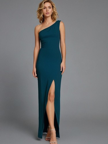 Nookie Dress AU XS/6 US2 Teal Green Maxi One Shoulder Gown High Side Split