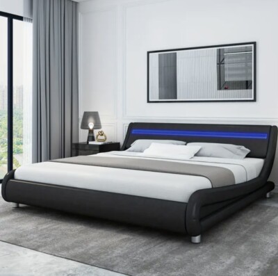 Queen Size LED Platform Bed Frame with Adjustable Headboard Faux Leather