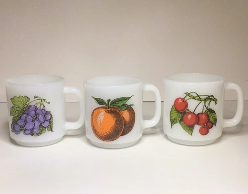 Glasbake Fruit Mugs Cups Cherries Grapes Oranges Milk Glass Vtg Set Of 3