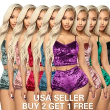 2PCS Velvet Set Women Sexy Lingerie Nightwear Sleepwear Top + Short Pajama Set