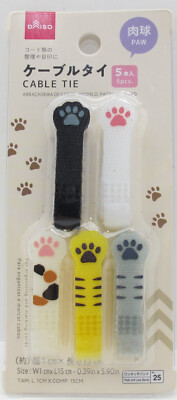 New Daiso 5 Pcs CAT PAWS Theme Reusable Cable Ties Black White Cream Grey