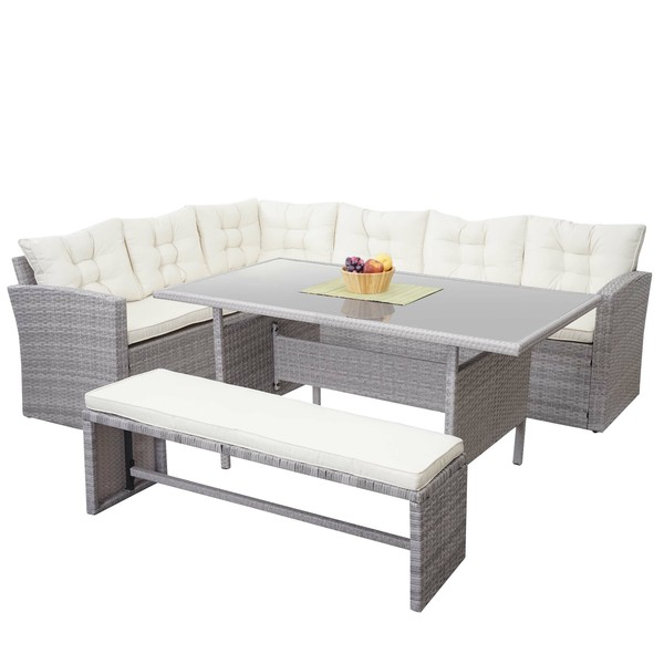 Poly-Rattan-Garnitur MCW-A29, Gartengarnitur, Hellgrau + Bank, Kissen Creme-image