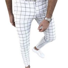 Mens Skinny Formal Dress Plaid Pants Slim Fit Business Wedding Casual Trousers