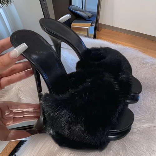 2025 New Mink Fur High Heel Womens Slim Heel Peep Toes Sexy High-heeled Slippers - Picture 16 of 32