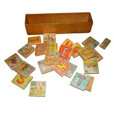 Antique Wood Alphabet Animal Spelling Tiles in Dovetailed Wooden Box Incomplete
