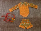 Vintage Barbie clone shorts set in orange & yellow floral w/yellow string wedges