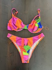 Bikini Set Geometric Pink Orange Print Swimsuit Size M Cheeky Underwire Top