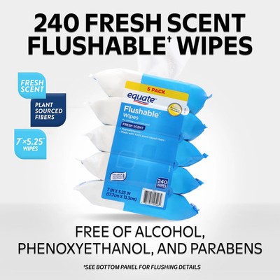 5 Pack Flushable Wet Wipes, Fresh Scent, 240 Wipes, Makeup Remover Household Use