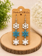 Blue White Snowflake Dangle Earrings Winter Christmas Acrylic Handmade USA