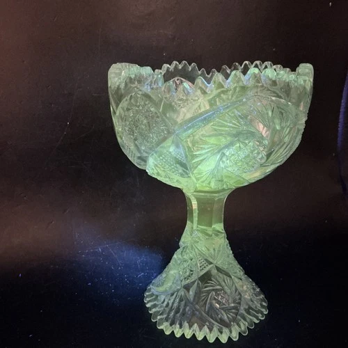Imperial Glass Nucut Pinwheel Footed Candy Dish 6-3/8” Tall manganese Glow.  80k