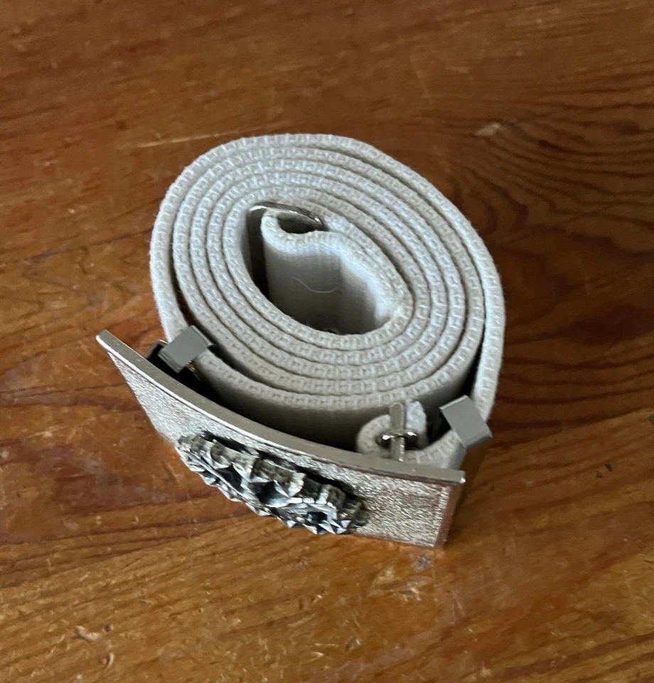 Cinturón de lona blanco con hebilla de cinturón vintage Meyer Eagle in Star Wreath USN Navy Foto 3 de 4