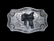 TC03152 VINTAGE 1970s  HORSE SADDLE  ENGRAVED WESTERN  COWBOY BELT BUCKLE
