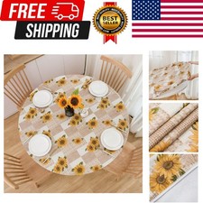 Sunflower Round Vinyl Tablecloth with Elastic Edge, Fitted PVC Table Cloth Wa...